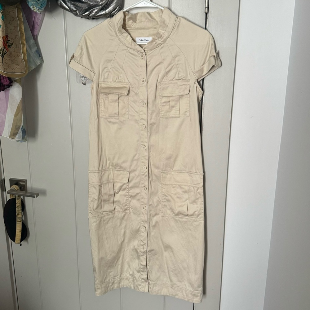 Calvin Klein beige pleated midi dress with pockets